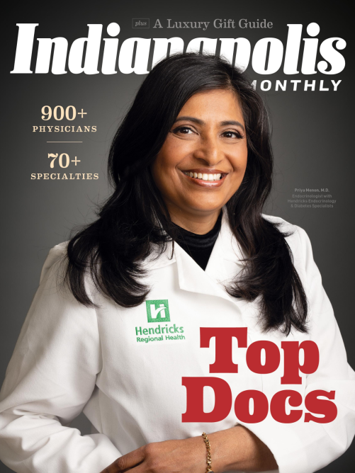 2024 over image of Indianapolis Monthly Top Doctors issue featuring a female physician